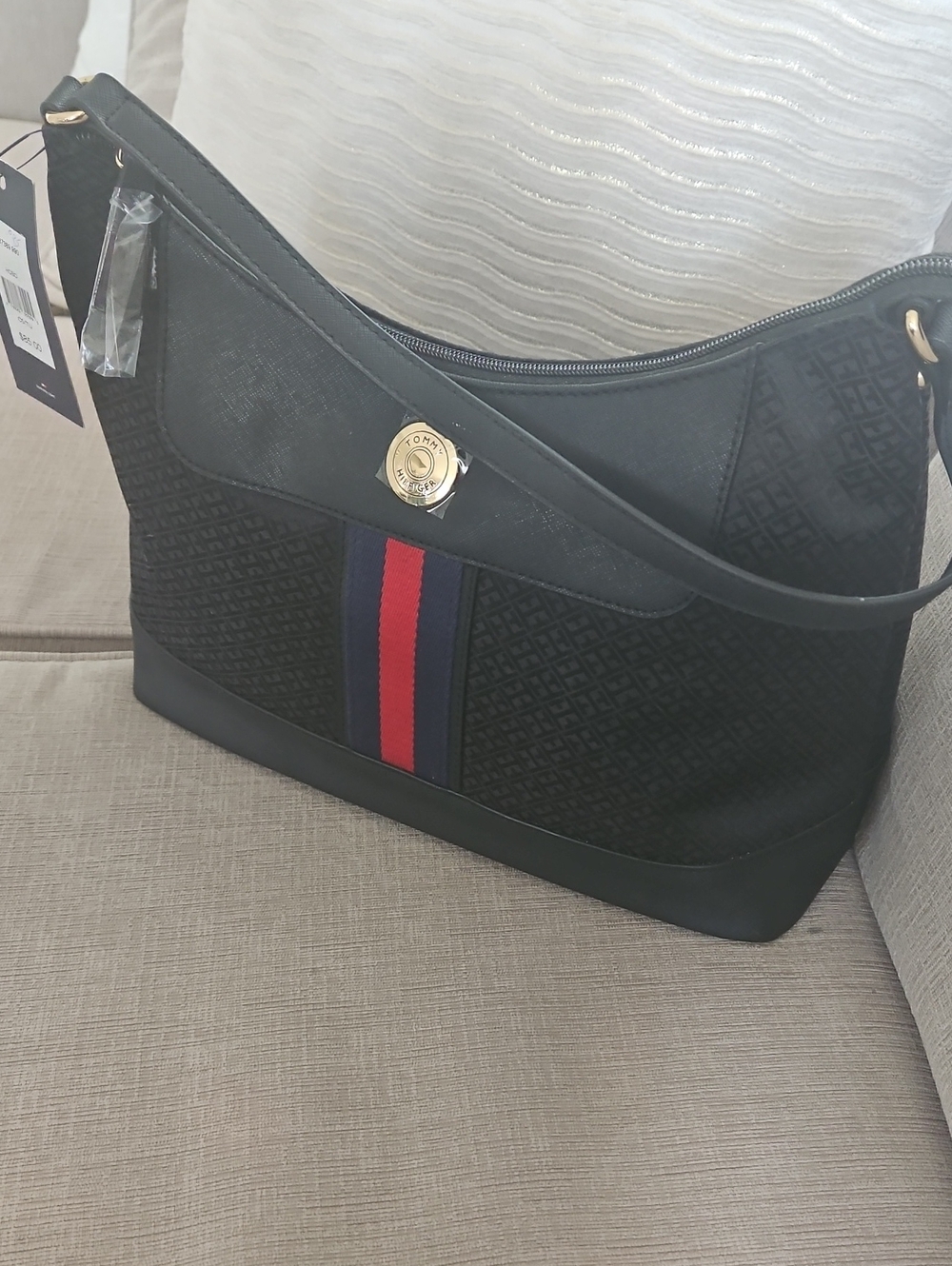 Tommy Hilfiger Black Shoulder Hobo with Red & Navy Center Stripe